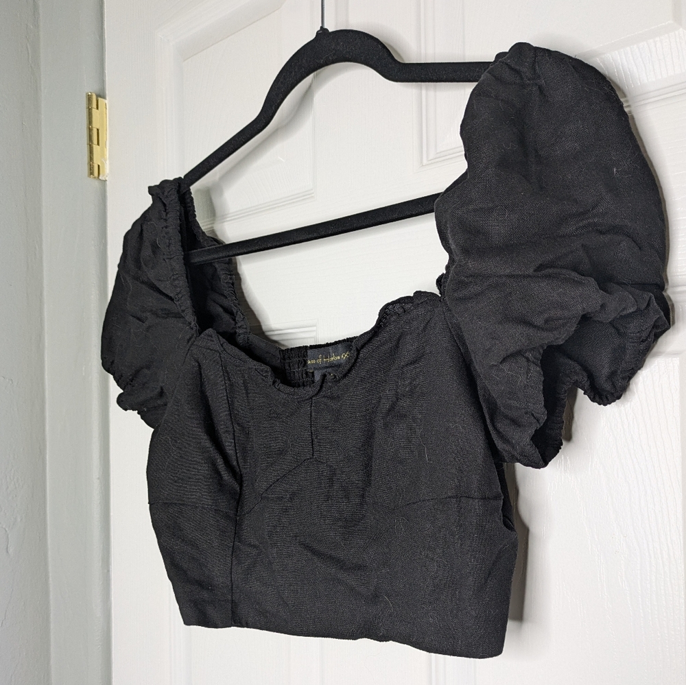 House Of Harlow 1960 Linen Crop Top Black Puff Sleeve Top Size 4